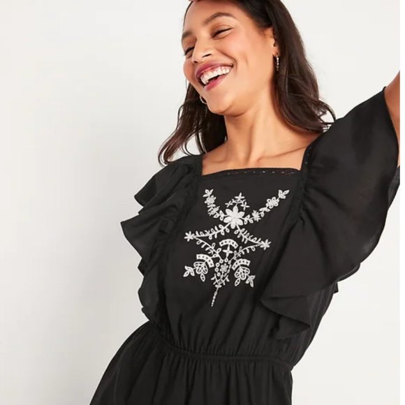 Flutter-Sleeve Embroidered Tie-Back Mini Dress - NWT - Picture 4 of 5